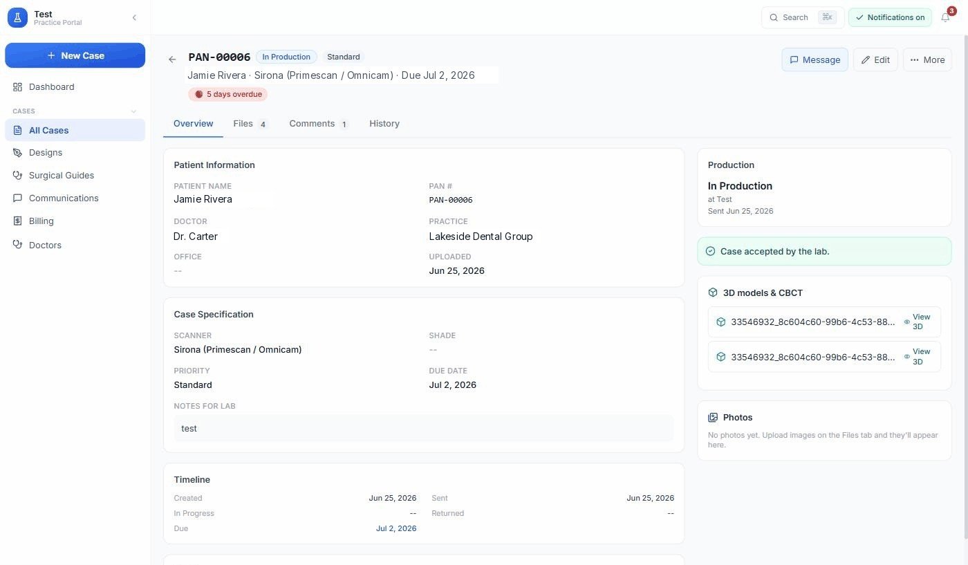 DentalTrak case detail with live production status and timeline