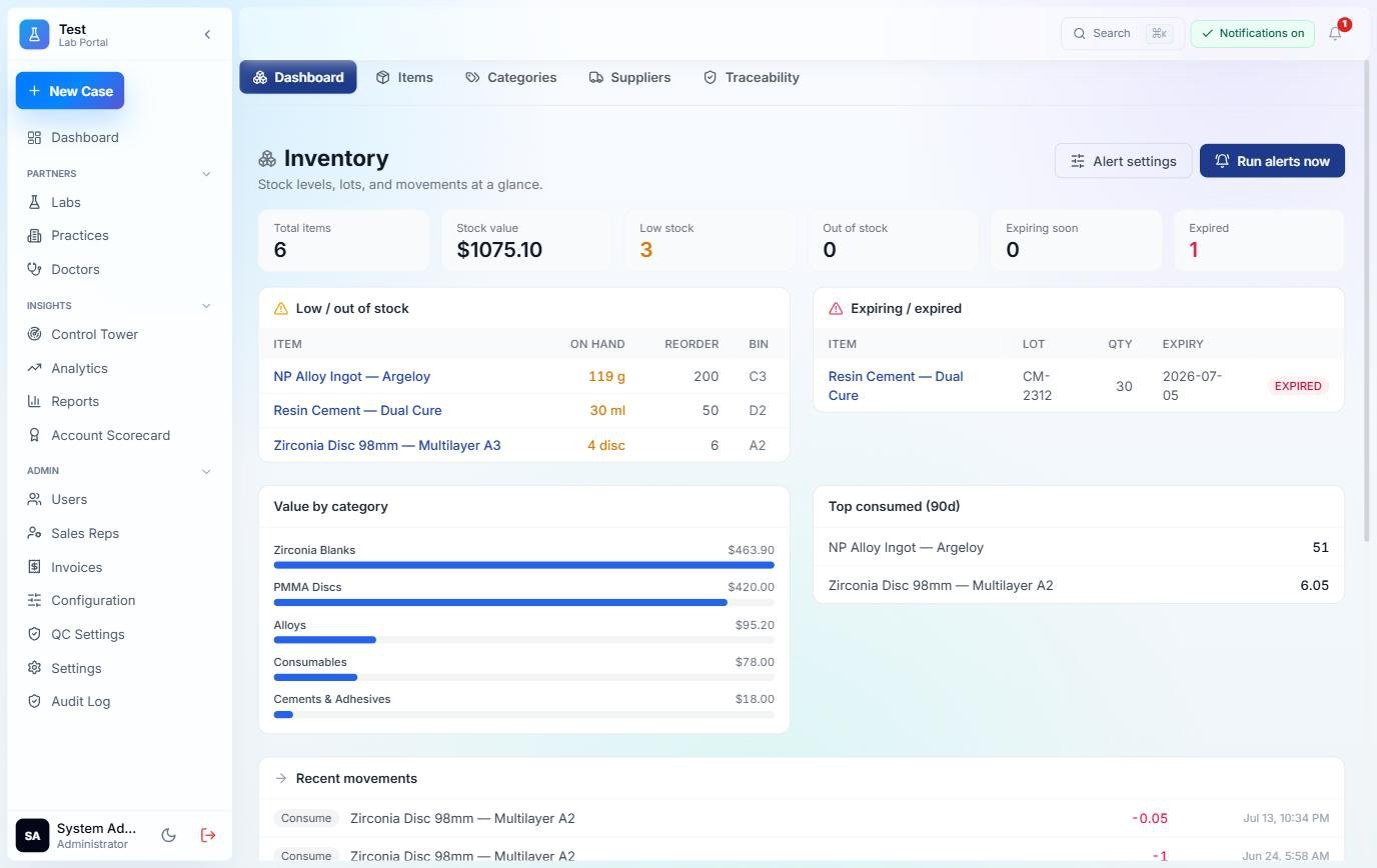 Lot tracked inventory with stock value, alerts and movements