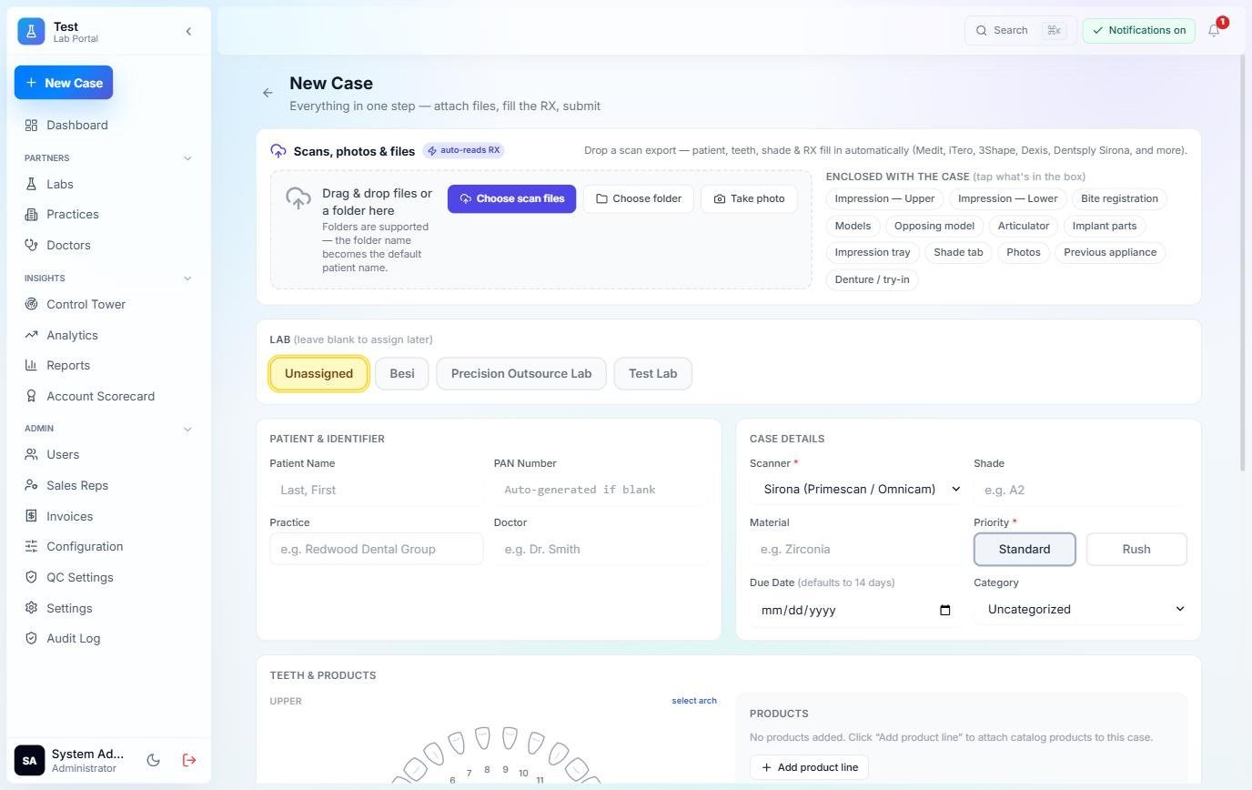 DentalTrak new case page with scanner import and case details