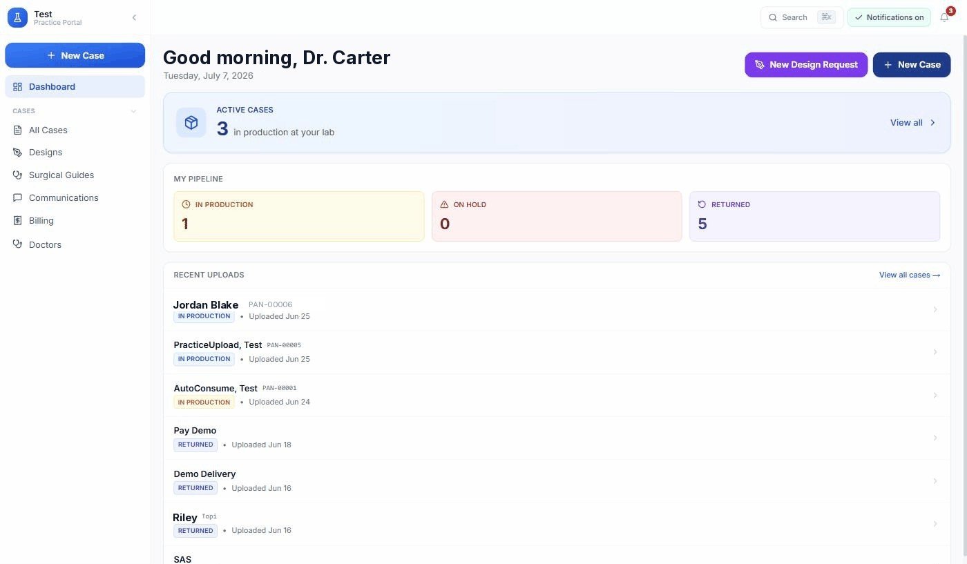The practice dashboard with active cases, drafts and live pipeline