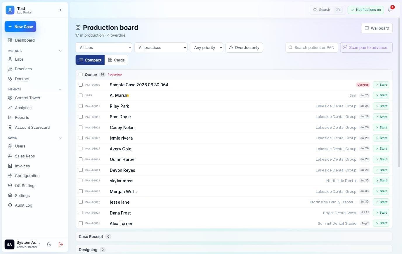 The production board with one lane per step and scan to advance