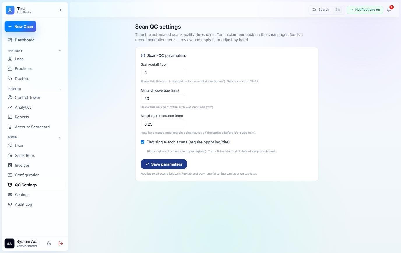 Scan quality settings tuned by technician feedback