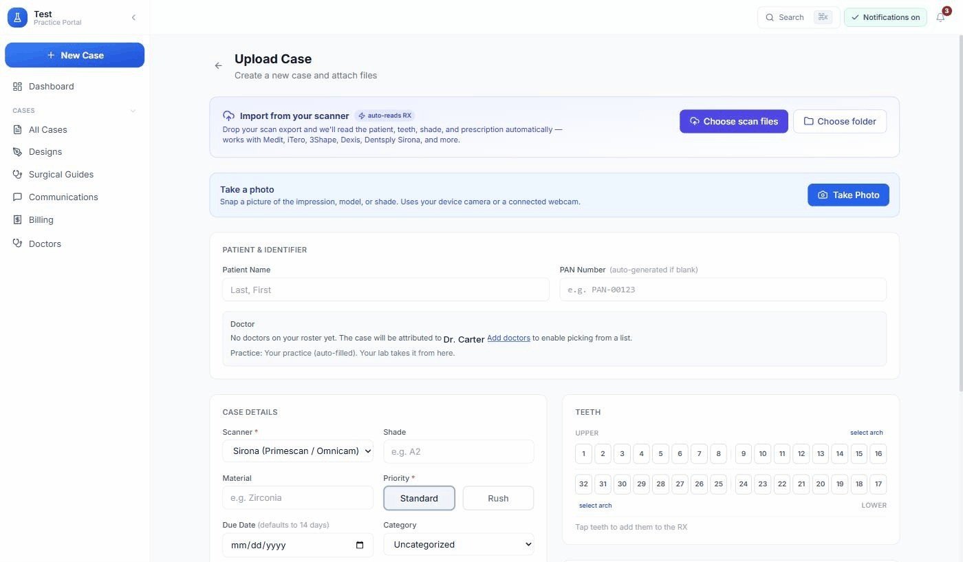 The practice upload page with scanner import and tooth chart